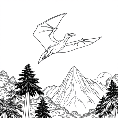 Coloring Book: Dinosaurs – Pteranodon flies high above the forest