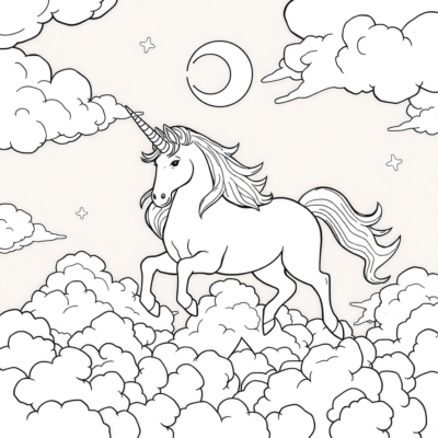 Tranh tô màu: Kỳ lân – Kỳ lân nhảy múa giữa mây