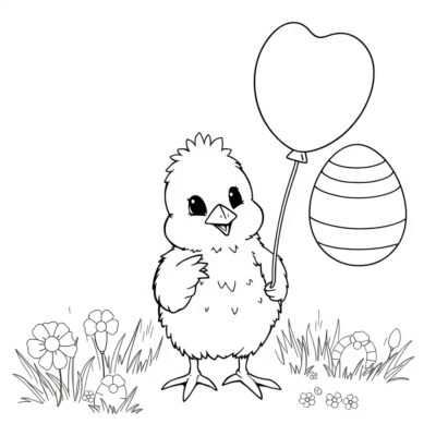 Sách tô màu: Gà con cầm bóng bay và trứng trang trí
