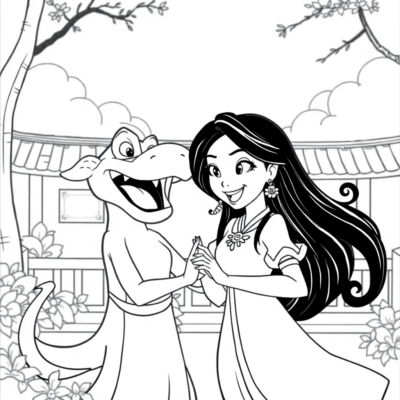 Sách tô màu: Mulan và Mushu trong một cảnh hài hước