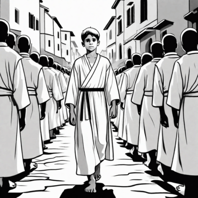 Cậu bé trong áo trắng đi trong đoàn rước