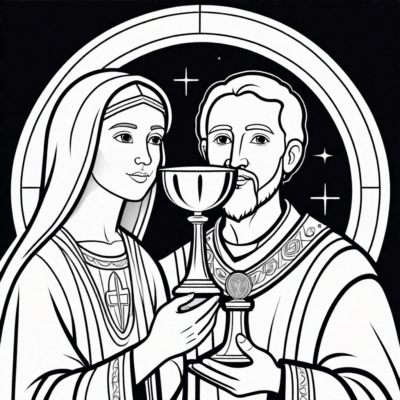 Sách tô màu với bánh thánh và chén thánh